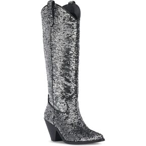 INC Womens Ipiriah Sequined Tall Cowboy, Western Boots Silver 5.5 Medium (B,M)