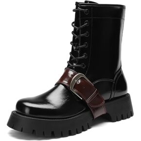 Women's Platform Combat Boots with Buckle, Lace-Up Mid-Calf Boots with Low Chunky Heel Lug Sole, Fashion Riding Boots