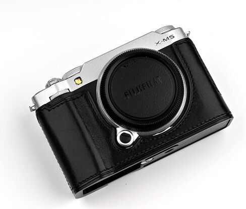 علبة كاميرا جلدية أصلية مصنوعة يدويًا لـ Fujifilm X-M5/Fujifilm X-M5 Case/Fujifilm X-M5-الجزء العلوي من طبقة البقر البقر + لوحة قاعدة معدنية (طائرة أسود) in Kuwait