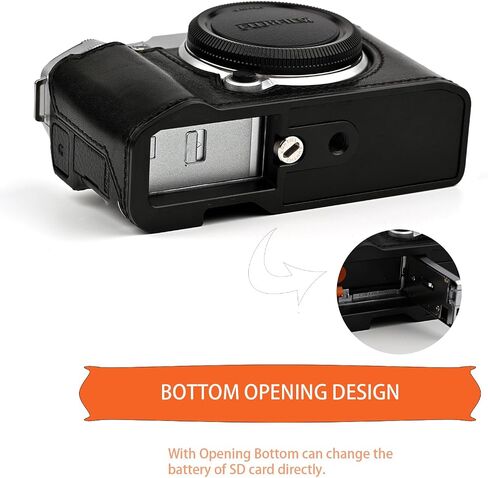 علبة كاميرا جلدية أصلية مصنوعة يدويًا لـ Fujifilm X-M5/Fujifilm X-M5 Case/Fujifilm X-M5-الجزء العلوي من طبقة البقر البقر + لوحة قاعدة معدنية (طائرة أسود) in Kuwait