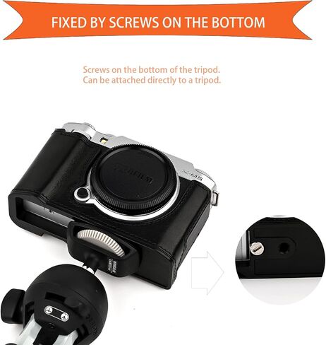 علبة كاميرا جلدية أصلية مصنوعة يدويًا لـ Fujifilm X-M5/Fujifilm X-M5 Case/Fujifilm X-M5-الجزء العلوي من طبقة البقر البقر + لوحة قاعدة معدنية (طائرة أسود) in Kuwait