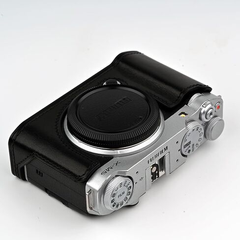 علبة كاميرا جلدية أصلية مصنوعة يدويًا لـ Fujifilm X-M5/Fujifilm X-M5 Case/Fujifilm X-M5-الجزء العلوي من طبقة البقر البقر + لوحة قاعدة معدنية (طائرة أسود) in Kuwait