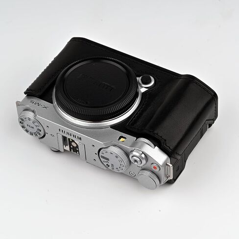 علبة كاميرا جلدية أصلية مصنوعة يدويًا لـ Fujifilm X-M5/Fujifilm X-M5 Case/Fujifilm X-M5-الجزء العلوي من طبقة البقر البقر + لوحة قاعدة معدنية (طائرة أسود) in Kuwait