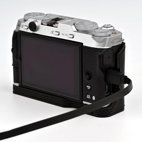 علبة كاميرا جلدية أصلية مصنوعة يدويًا لـ Fujifilm X-M5/Fujifilm X-M5 Case/Fujifilm X-M5-الجزء العلوي من طبقة البقر البقر + لوحة قاعدة معدنية (طائرة أسود) in Kuwait