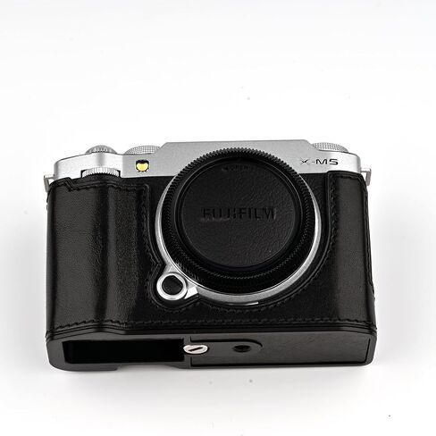علبة كاميرا جلدية أصلية مصنوعة يدويًا لـ Fujifilm X-M5/Fujifilm X-M5 Case/Fujifilm X-M5-الجزء العلوي من طبقة البقر البقر + لوحة قاعدة معدنية (طائرة أسود) in Kuwait