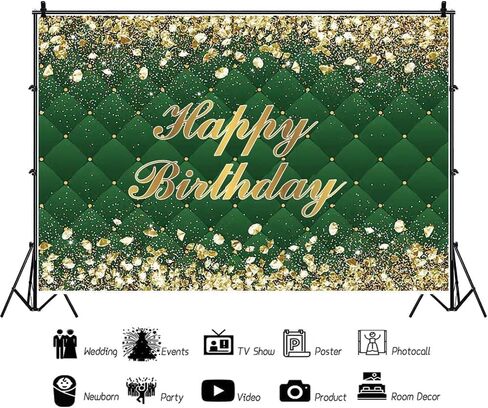 Renaiss 7x5ft Happy Birthday Backdrop Banner for Photoshoot Portrait Gold Diamonds Green Photography Background for Men Women 30th 40th 50th 60th 70th 80th Bday Party Decor Glitter Photo Booth Prop in Saudi Arabia