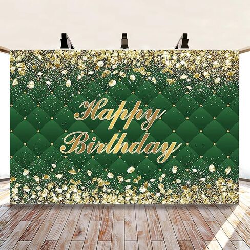 Renaiss 7x5ft Happy Birthday Backdrop Banner for Photoshoot Portrait Gold Diamonds Green Photography Background for Men Women 30th 40th 50th 60th 70th 80th Bday Party Decor Glitter Photo Booth Prop in Saudi Arabia