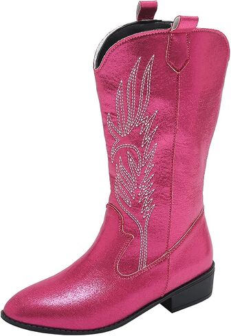 Ulalaza Women's Boots Western Cowboy Boots Mid Calf Cowgirl Boots Block Chunky Heel Embroidered Floral Mid Heel Casual Boots High Pointed Toe Boot Dress Boots Knee High Square Toe Short Booties in Kuwait