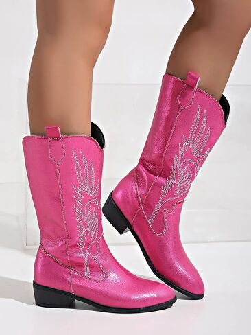 Ulalaza Women's Boots Western Cowboy Boots Mid Calf Cowgirl Boots Block Chunky Heel Embroidered Floral Mid Heel Casual Boots High Pointed Toe Boot Dress Boots Knee High Square Toe Short Booties in Kuwait