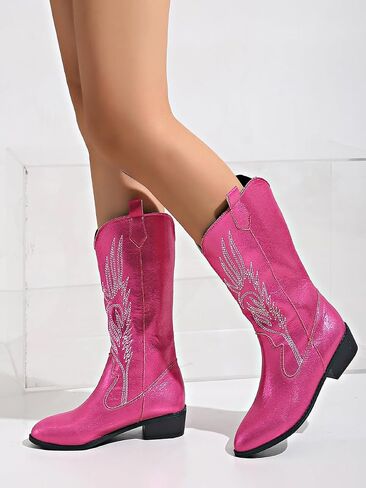 Ulalaza Women's Boots Western Cowboy Boots Mid Calf Cowgirl Boots Block Chunky Heel Embroidered Floral Mid Heel Casual Boots High Pointed Toe Boot Dress Boots Knee High Square Toe Short Booties in Kuwait