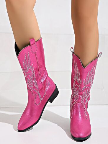 Ulalaza Women's Boots Western Cowboy Boots Mid Calf Cowgirl Boots Block Chunky Heel Embroidered Floral Mid Heel Casual Boots High Pointed Toe Boot Dress Boots Knee High Square Toe Short Booties in Kuwait