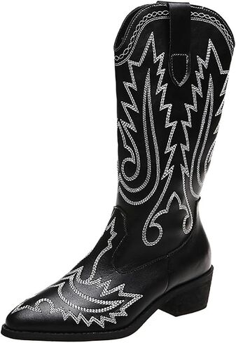 Ulalaza Women's Boots Western Cowboy Boots Mid Calf Cowgirl Boots Block Chunky Heel Embroidered Floral Mid Heel Casual Boots High Pointed Toe Boot Dress Boots Knee High Square Toe Short Booties in Kuwait