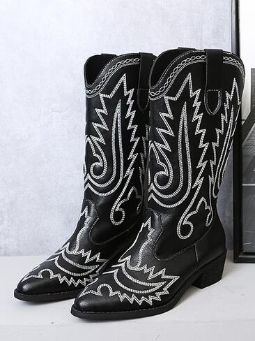 Ulalaza Women's Boots Western Cowboy Boots Mid Calf Cowgirl Boots Block Chunky Heel Embroidered Floral Mid Heel Casual Boots High Pointed Toe Boot Dress Boots Knee High Square Toe Short Booties in Kuwait