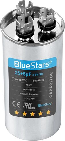 BlueStars 70+10 uF ±5% 70/10 MFD 370/440 VAC Dual Run Start Round Capacitor 50/60Hz 10000AFC for Condenser Straight Cool or Heat Pump Air Conditioner or AC Motor and Fan Starting in Saudi Arabia