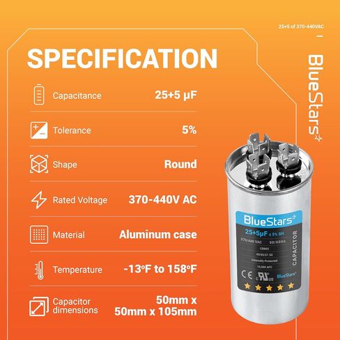 BlueStars 70+10 uF ±5% 70/10 MFD 370/440 VAC Dual Run Start Round Capacitor 50/60Hz 10000AFC for Condenser Straight Cool or Heat Pump Air Conditioner or AC Motor and Fan Starting in Saudi Arabia