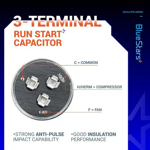 BlueStars 70+10 uF ±5% 70/10 MFD 370/440 VAC Dual Run Start Round Capacitor 50/60Hz 10000AFC for Condenser Straight Cool or Heat Pump Air Conditioner or AC Motor and Fan Starting in Saudi Arabia