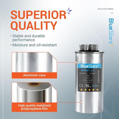 BlueStars 70+10 uF ±5% 70/10 MFD 370/440 VAC Dual Run Start Round Capacitor 50/60Hz 10000AFC for Condenser Straight Cool or Heat Pump Air Conditioner or AC Motor and Fan Starting in Saudi Arabia