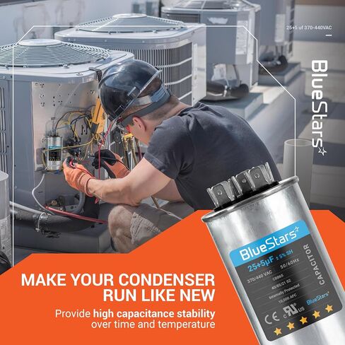 BlueStars 70+10 uF ±5% 70/10 MFD 370/440 VAC Dual Run Start Round Capacitor 50/60Hz 10000AFC for Condenser Straight Cool or Heat Pump Air Conditioner or AC Motor and Fan Starting in Saudi Arabia