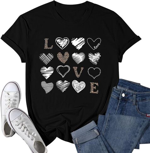 Valentine Day Shirt Women Leopard Love Heart Print T-Shirt Teachers Valentines Short Sleeve Tee Tops in Kuwait