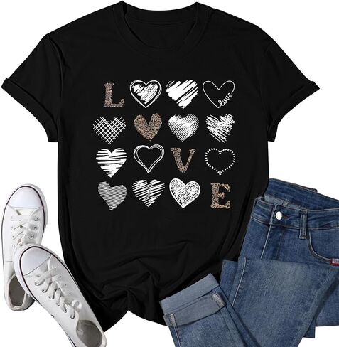 Valentine Day Shirt Women Leopard Love Heart Print T-Shirt Teachers Valentines Short Sleeve Tee Tops in Kuwait