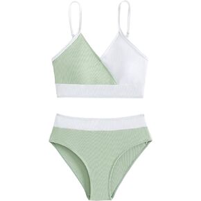 Milumia Girl's Two Piece Swimsuit Color Block V Neck Spaghetti Strap Bikini Set
