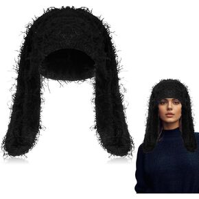 Rabbit Ears Distressed Beanie Rabbit Ear Cute Fuzzy Y2k Beanies Knit Hats with Ears Bunny Fluffy Winter Cap for Women Men Outdoor Crochet Accessories, Black