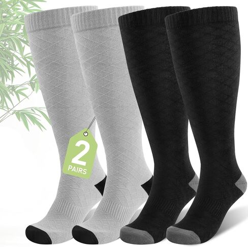 Plus Size Compression Socks for Women Wide Calf (2 Pairs) 15-20mmHg Bamboo Viscose Knee High Sock Support for Nurses Pregnancy Travel XL（Black&Blue） in Kuwait