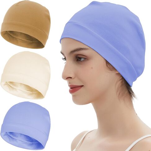 3 Pieces 100% Cotton Skull Caps beanie for Men Women Lightweigt night Cap Sleep Hats Breathable Helmet Liner in Saudi Arabia