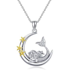 Diamond Mermaid Necklace for Women 925 Sterling Silver Diamond Heart Pendant Necklace Ocean Necklace Beach Jewelry Gift for Women Girls