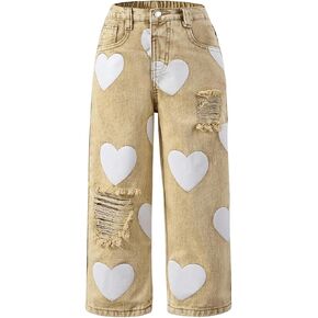 بنطال جينز Floerns للفتيات الصغيرات بطبعة قلب وممزق من قماش الدنيم ذو الساق المستقيمة in Kuwait