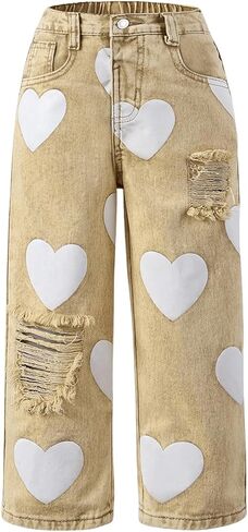 بنطال جينز Floerns للفتيات الصغيرات بطبعة قلب وممزق من قماش الدنيم ذو الساق المستقيمة in Kuwait