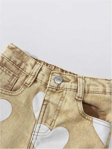 بنطال جينز Floerns للفتيات الصغيرات بطبعة قلب وممزق من قماش الدنيم ذو الساق المستقيمة in Kuwait