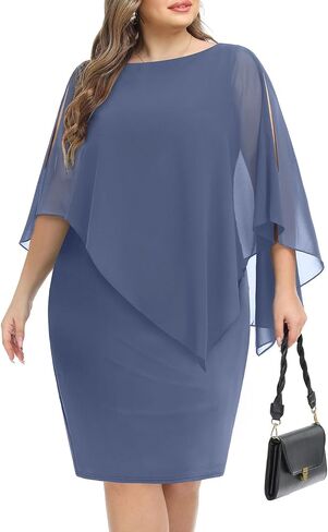 Pinup Fashion Women's Cape Dress with Chiffon Overlay Sleeveless Round Neck Bodycon Pencil Dress in Kuwait