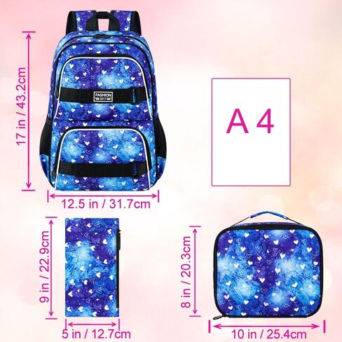 17 Inches Backpack for Girls Women, 3Pcs Rose Laptop Backpacks with Lunch Bag, Water Resistant College School Bookbag Set for Teens Students(Black) in Kuwait