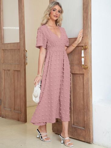 Simplee Womens Boho Maxi Dress Summer Wedding Guest Short Sleeve V Neck Swiss Dot Flowy Dresses in Kuwait