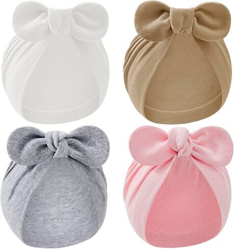 Zando 4PCS Baby Hats with Big Bow Cotton Hat Breathable Newborn Hats for Boys Girls Toddler Hospital Hat Baby Turban 0-2T in Kuwait