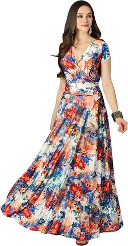 KOH KOH Womens Short Cap Sleeves Abstract Flower Print Long Maxi Dress Gown in Kuwait