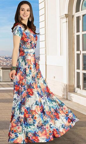 KOH KOH Womens Short Cap Sleeves Abstract Flower Print Long Maxi Dress Gown in Kuwait