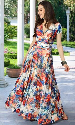 KOH KOH Womens Short Cap Sleeves Abstract Flower Print Long Maxi Dress Gown in Kuwait