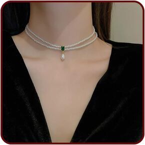 Pearl Choker for Women Girls, Elegant White Layered Green Crystals Necklaces Trendy Simple Square Emerald Rhinestones Link Pearl Pendant Necklaces Jewelry Gifts