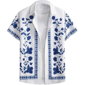 GORGLITTER Men's Casual Geo Print Button Down Short Sleeve Collared Summer Shirt Tops