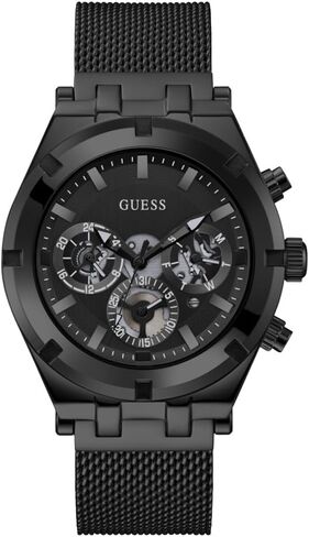 GUESS Men's Sport Crystal Multifunction 44mm Watch – Black Dial Gold-Tone Stainless Steel Case with Black Silicone Strap in Saudi Arabia