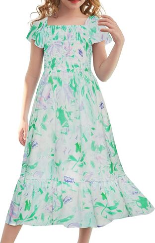 GRACE KARIN Floral Dress for Girls 2024 Spring Easter Dress Flutter Sleeve Smocked Summer Maxi Dress 8-10 Years,Flowers on Light Pink in Kuwait