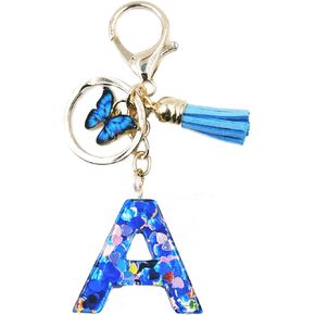 jtkdxqs A-Z Letter Keychain Crystal Blue with Tassel Butterfly Key Ring for Women Girls Backpack Handbags Cute Pendant
