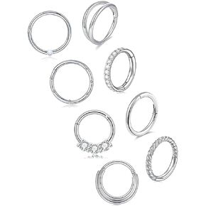 Akeoqi 8Pcs 16G Stainless Steel Nose Rings Hoops CZ Opal Seamless Hinged Clickers Septum Ring Tragus Conch Helix Cartilage Hoop Earrings Daith Rook Nose Piercings Jewelry Sets for Women Men 8mm 10mm