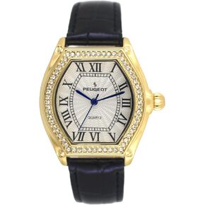 Peugeot Women's 14K Gold Plated Watch - Barrel Shaped Crystal Studded Bezel and Leather Wrist Strap