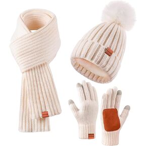 Women Beanie Hat Scarf Gloves Set, Women Winter Knitted Beanie Hat with Pom Pom Long Scarf Warmer Gloves with Touchscreen Set for Cold Weather, Warmer Christmas Gifts for Girls Women (Apricot)