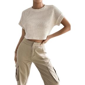 SweatyRocks Women's Short Sleeve Round Neck Waffle Knit Top Casual Pullover Plain Crop Tee