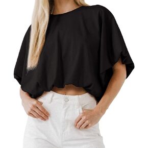 Women's Summer Crewneck Crop Tops Short Sleeve Casual Loose Cropped T Shirts