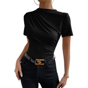 Verdusa Women's Casual Short Sleeve Ruched Mock Neck Slim Fitted T Shirt Elegant Tee Top